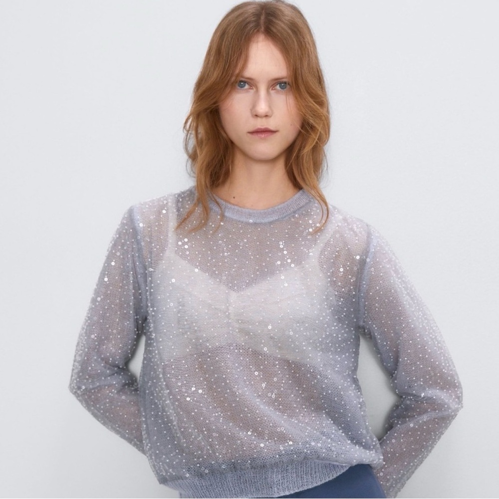 Zara Woman Beaded Sequin Sheer Fine Knit Sweater Top Size S Icy Blue Grey